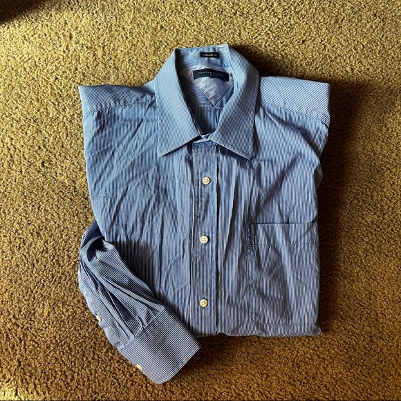 Blue White Pinstripe Button-Down Dress Shirt Tommy Hilfiger 17-1/2 34/35 - Picture 2 of 6